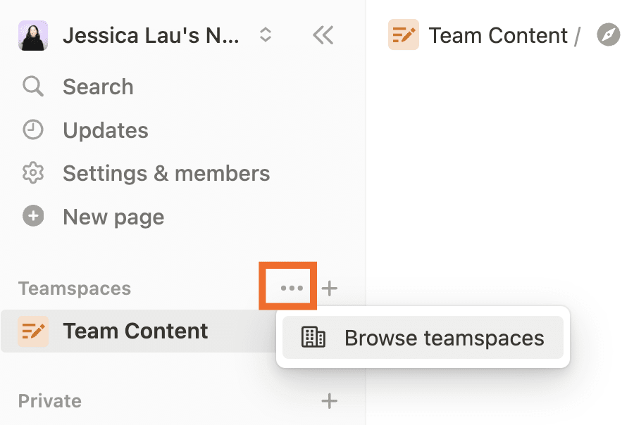 Notion sidebar with the ellipsis next to teamspaces selected and the browse teamspaces dropdown in the dropdown highlighted.