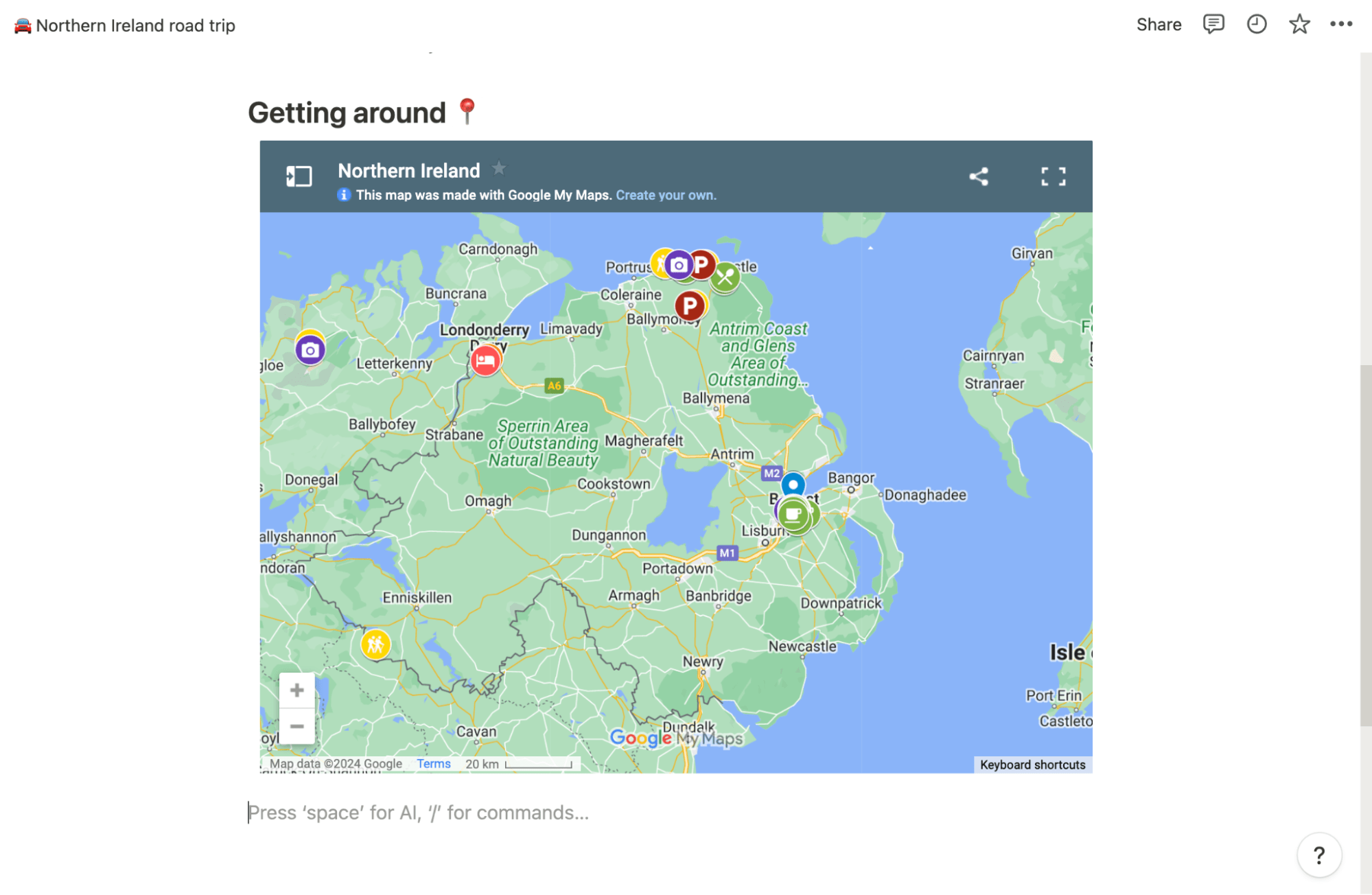 Example of a Google Maps embed in a Notion page. 