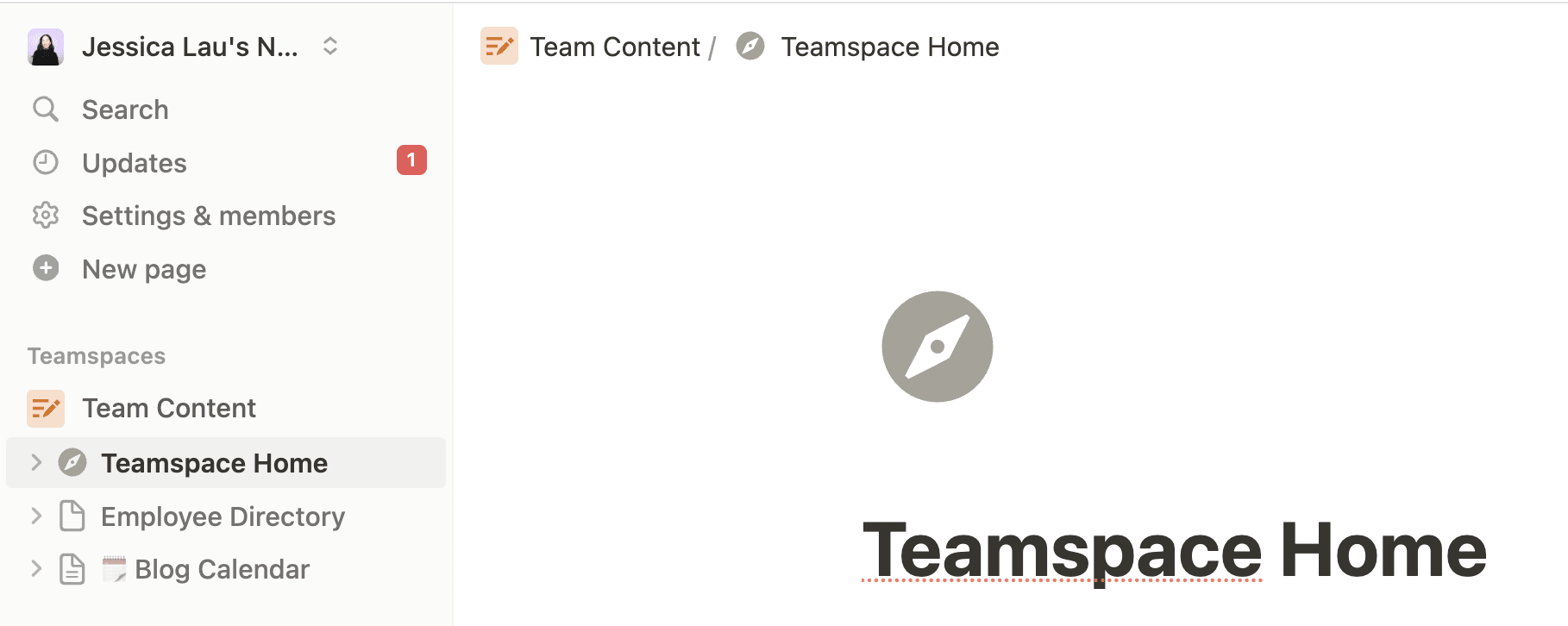 Notion sidebar with an example of a teamspace and its pages in the teamspaces section. 