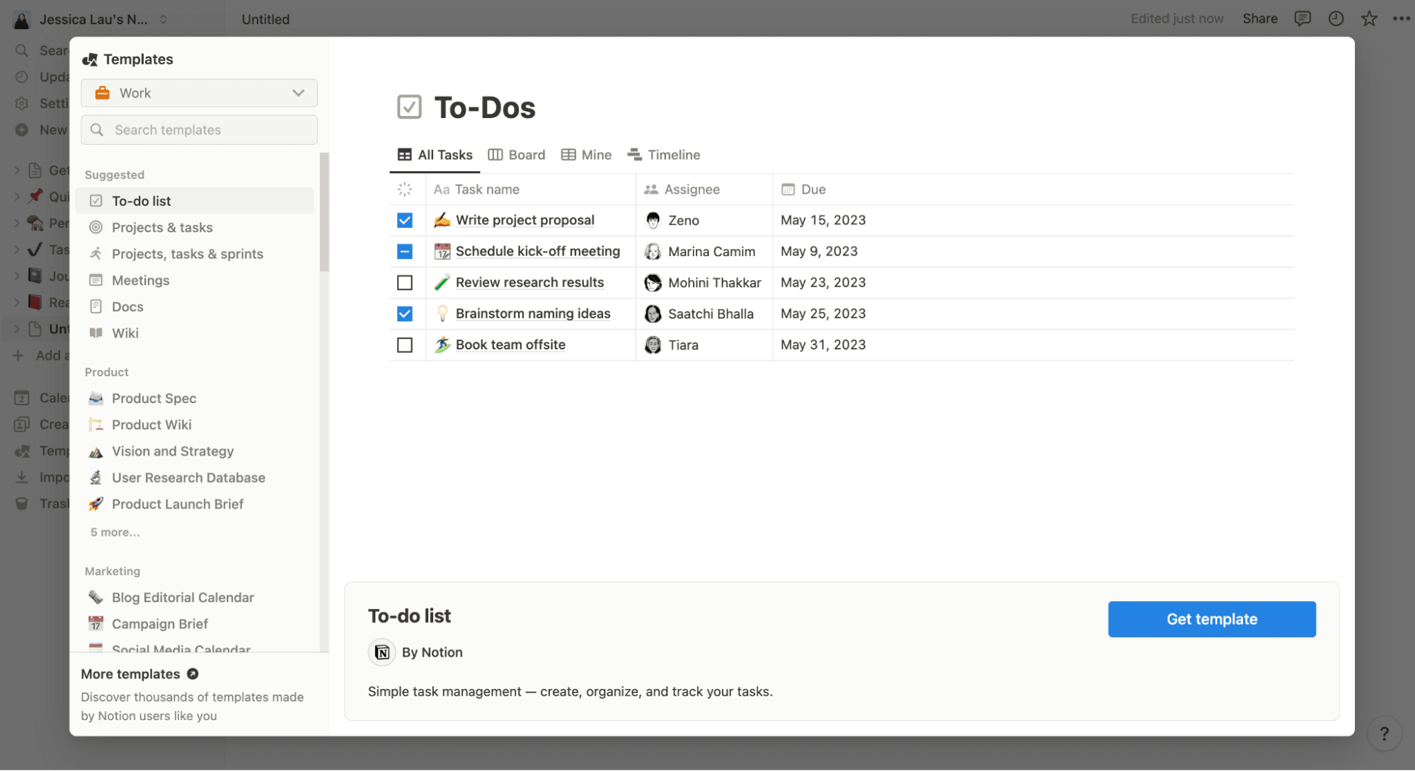 Example of a to-do list Notion template. 