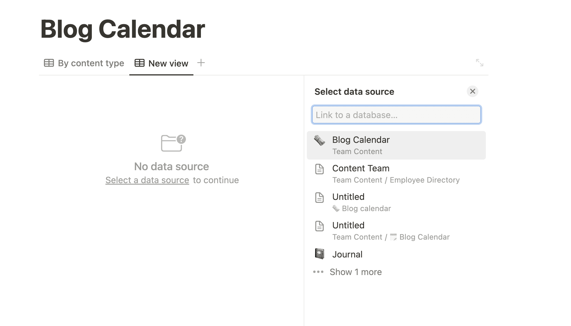 How to select a data source for a new database view in Notion. 