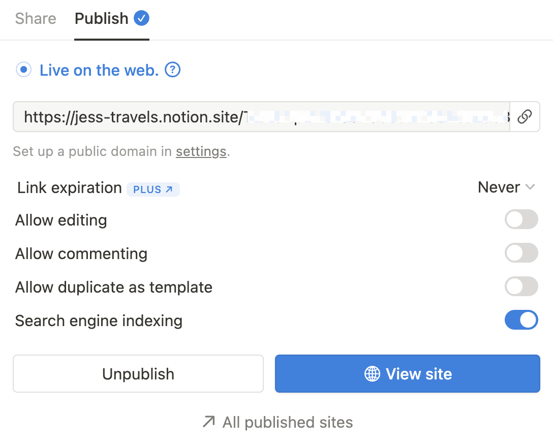 Notion page publishing settings. 