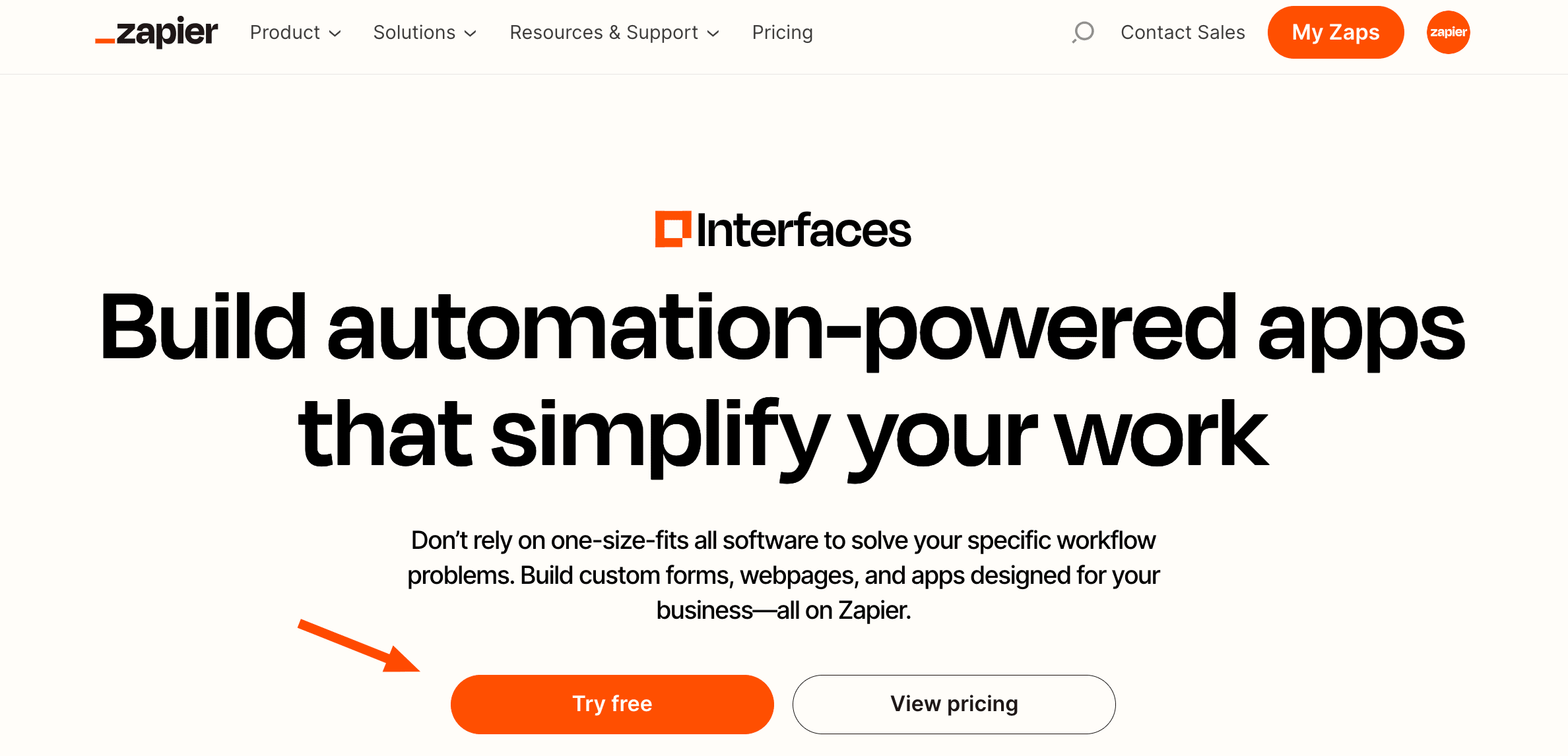 Screenshot of Interfaces home page on Zapier