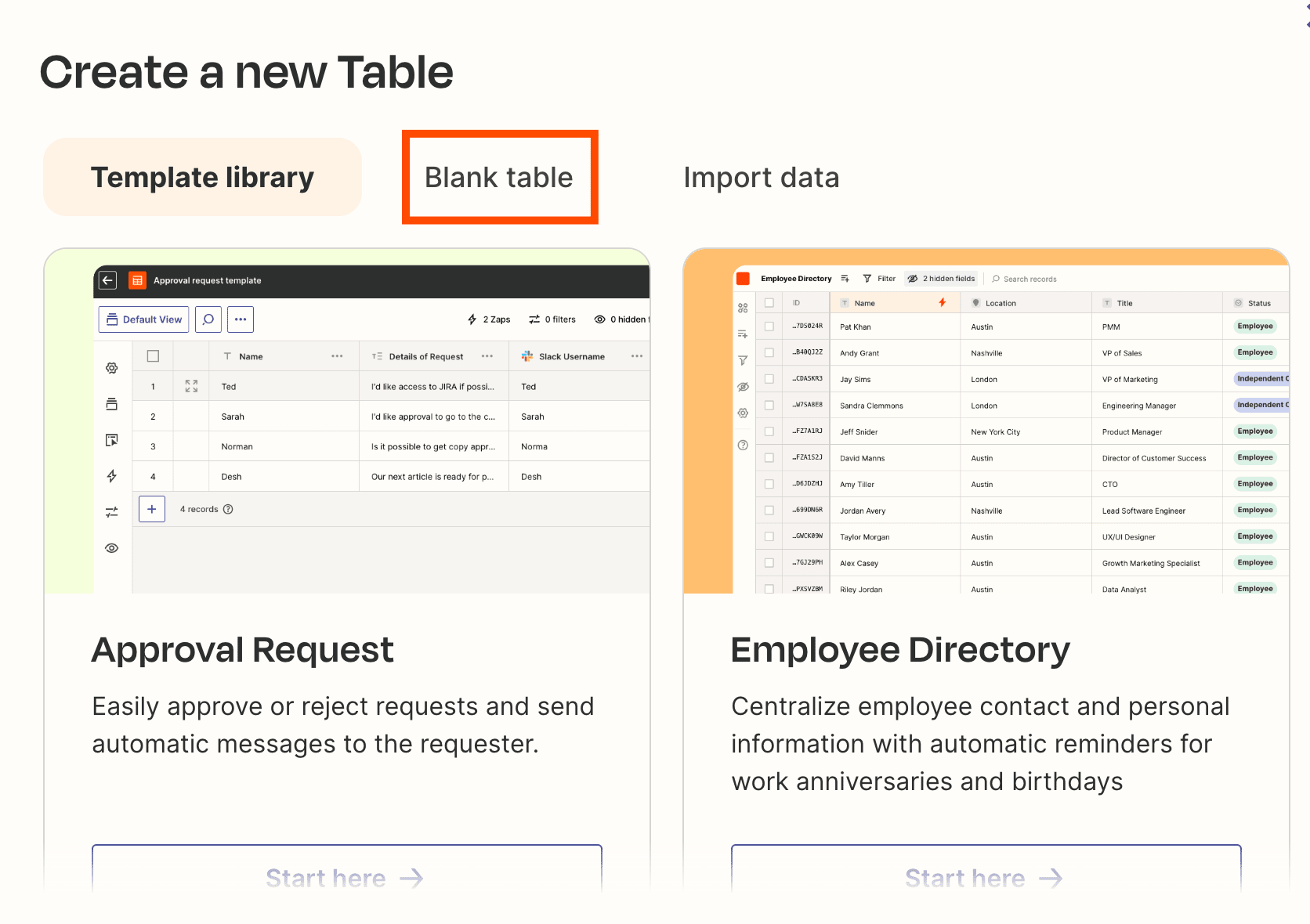 Screenshot of blank table option in Tables