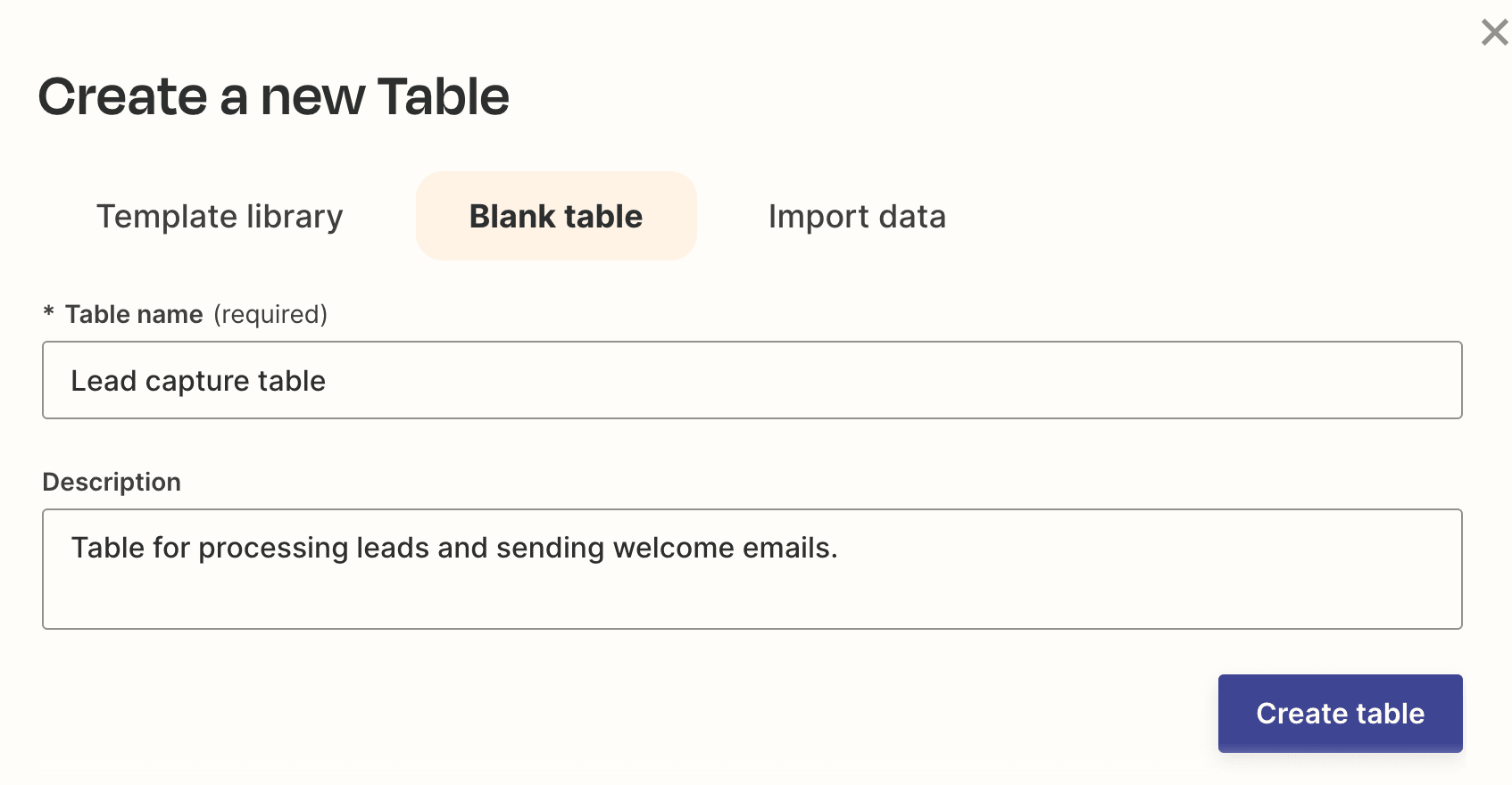 Screenshot of blank table option in tables