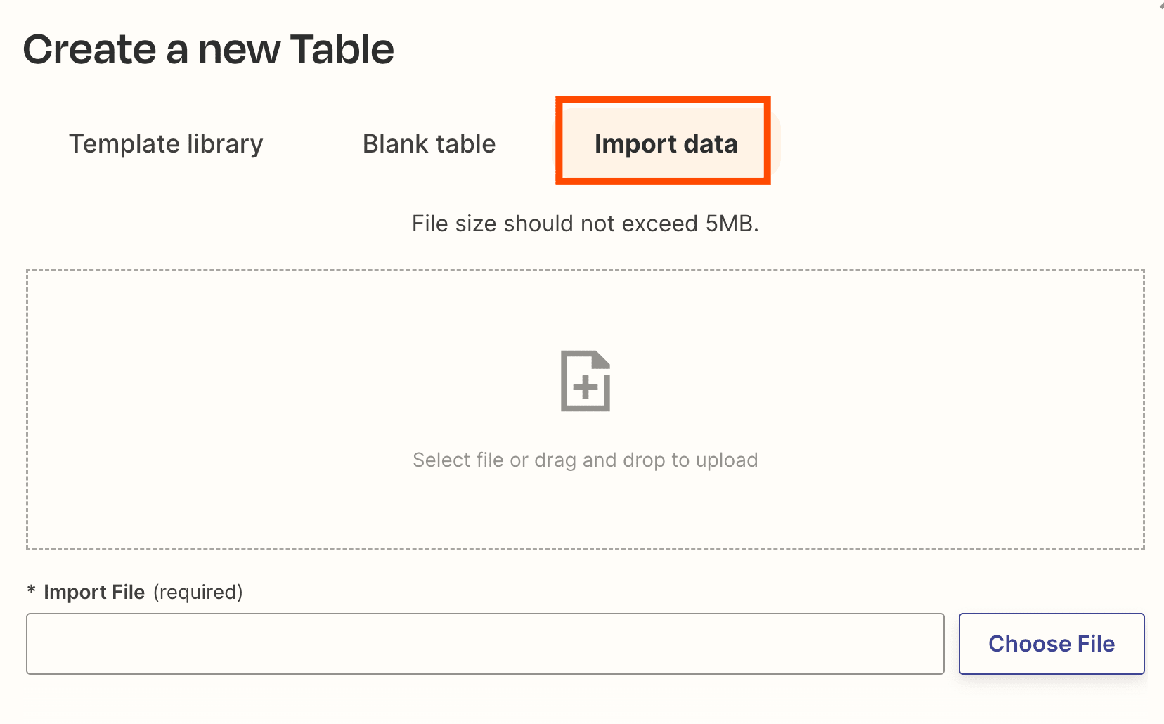 Screenshot of import data option in tables