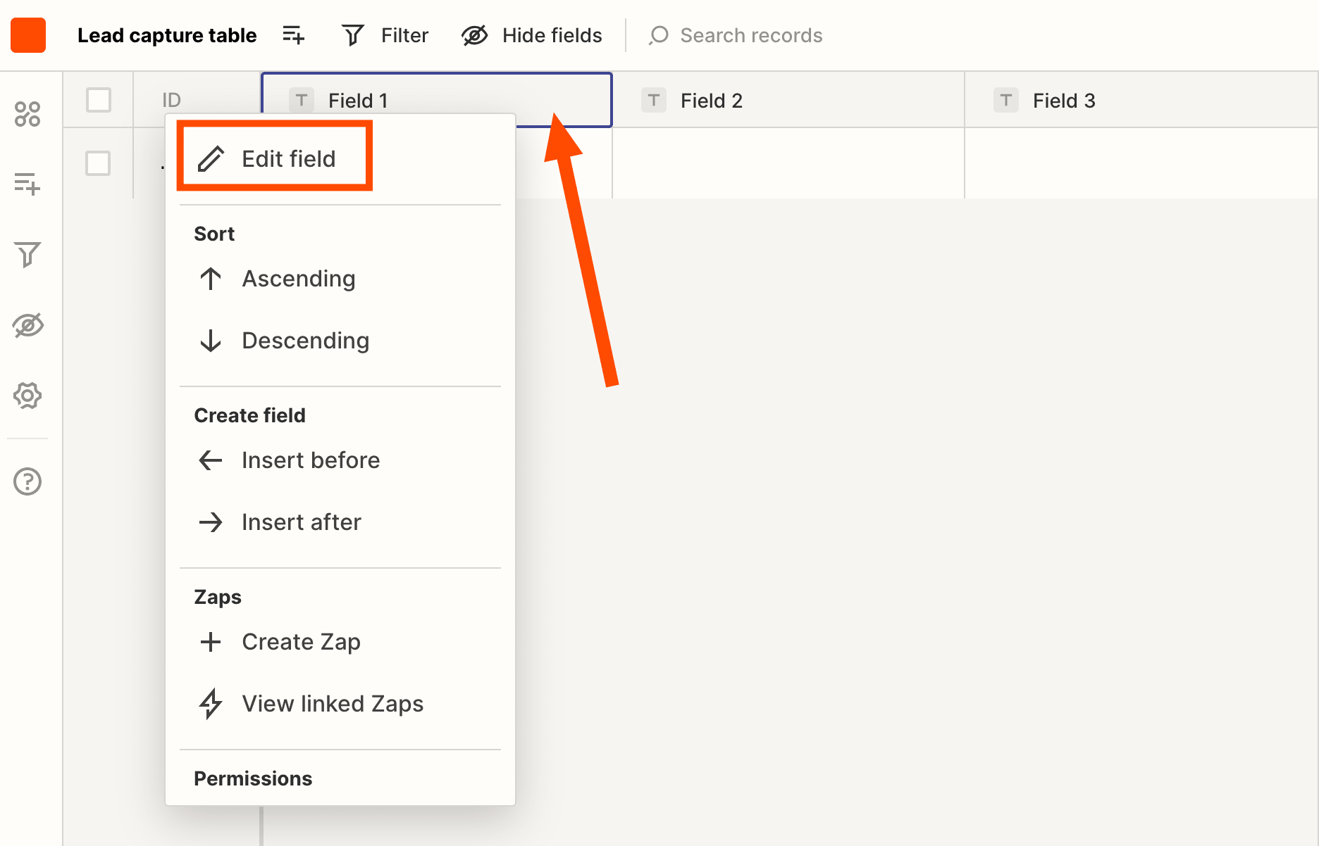 Screenshot of edit fields option in a table