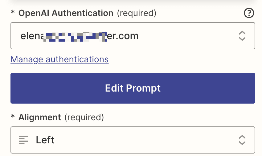 Screenshot of OpenaI authentication set up in Tables