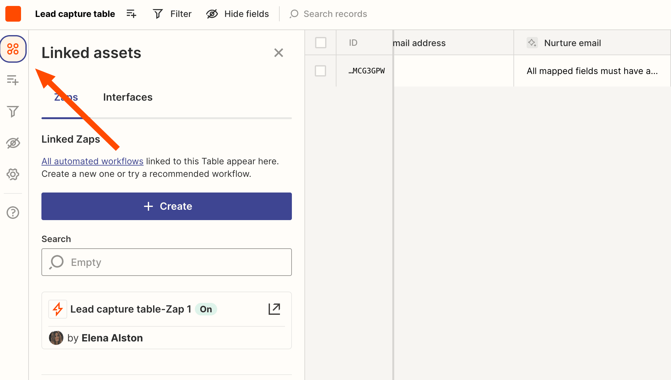 Screenshot of linked assets and Zaps in tables