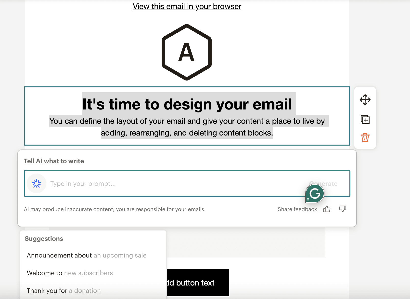 The AI field in the email builder in Mailchimp