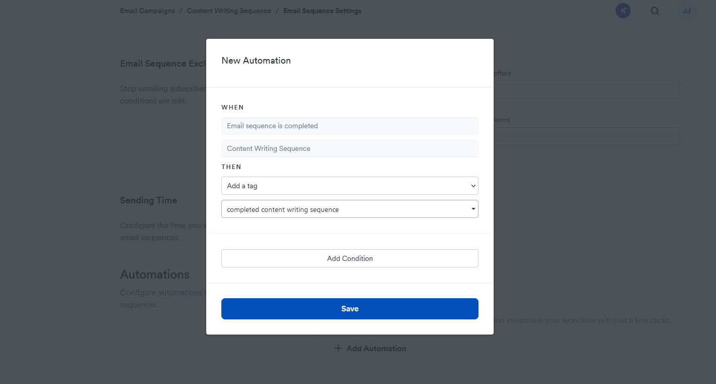 Adding tags to automations in Kajabi