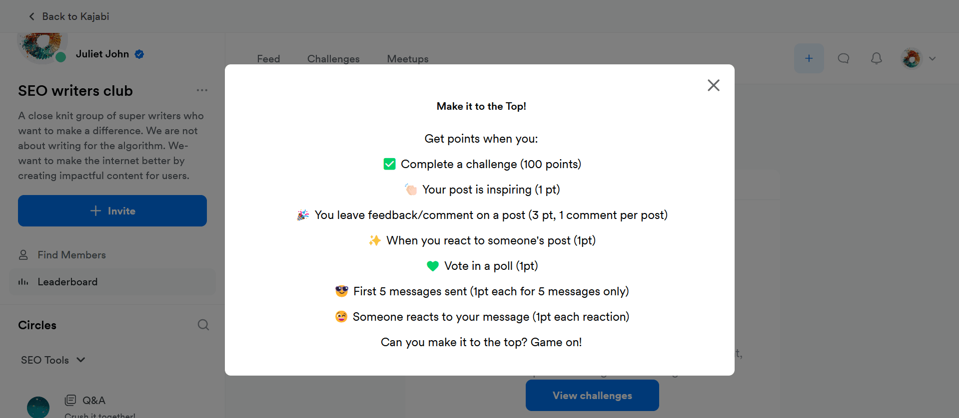 A pop-up encouraging students with a leaderboard in Kajabi