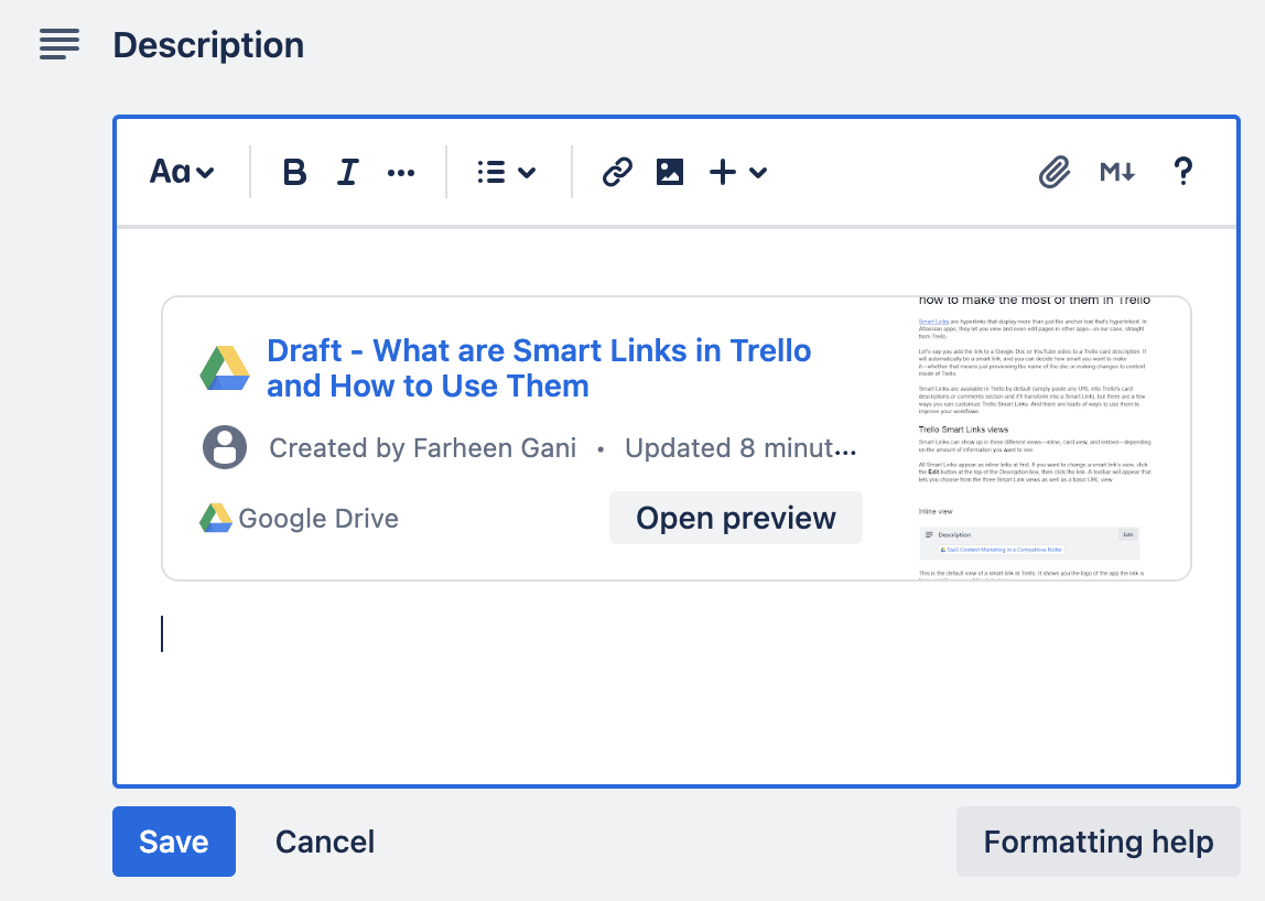 The card view for Smart Links in Trello