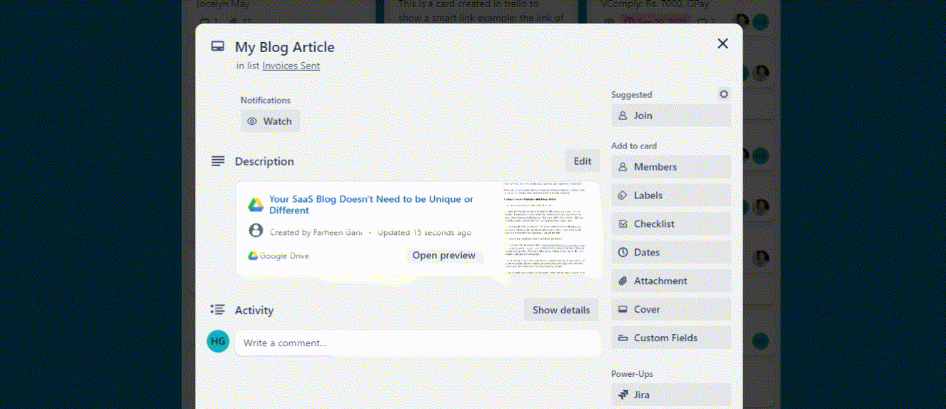 Using Google Docs inside Trello with Smart Links