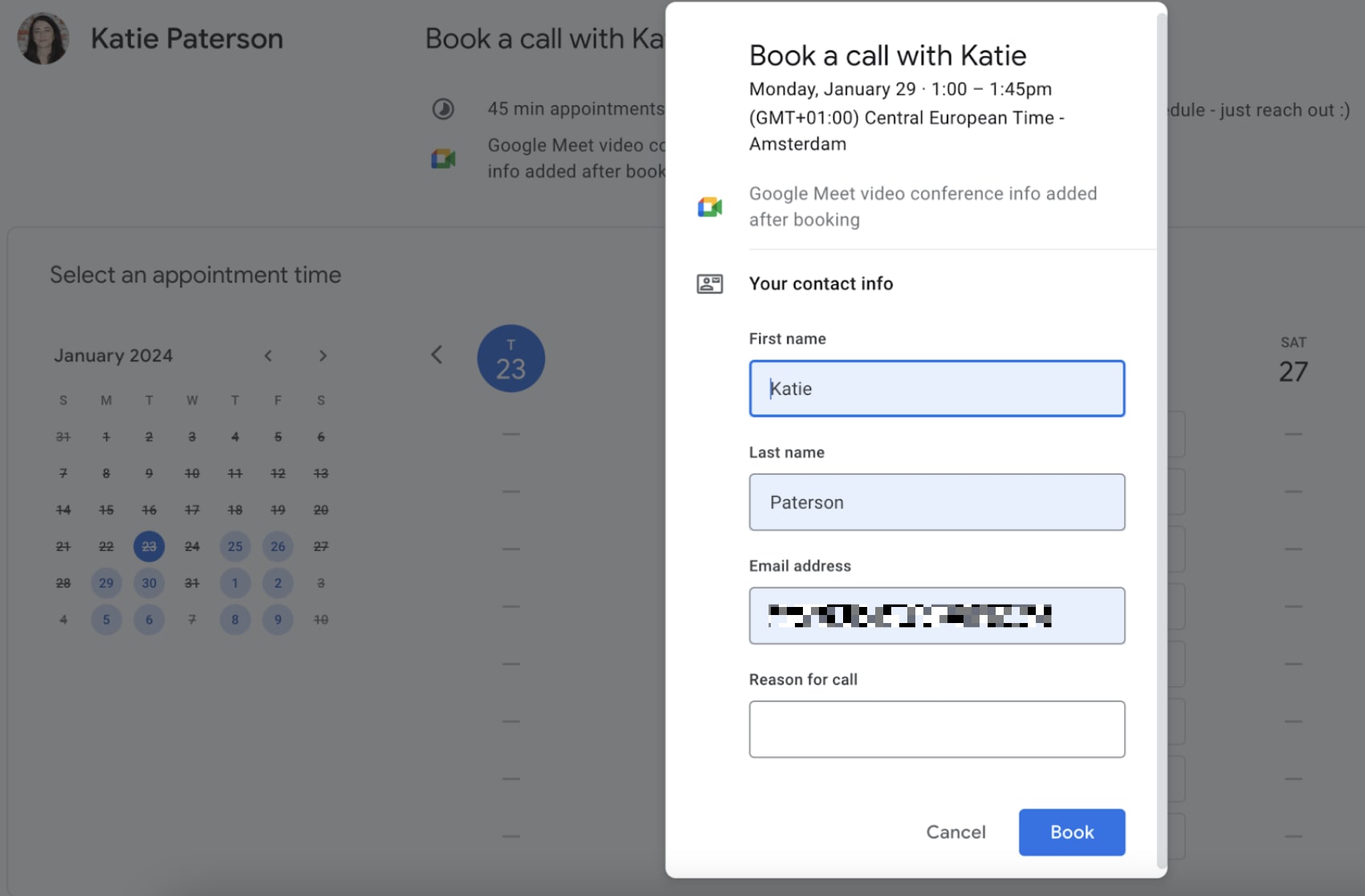 Google Calendar appointment schedule booking page with a generic Google Calendar design and limited form fields. 