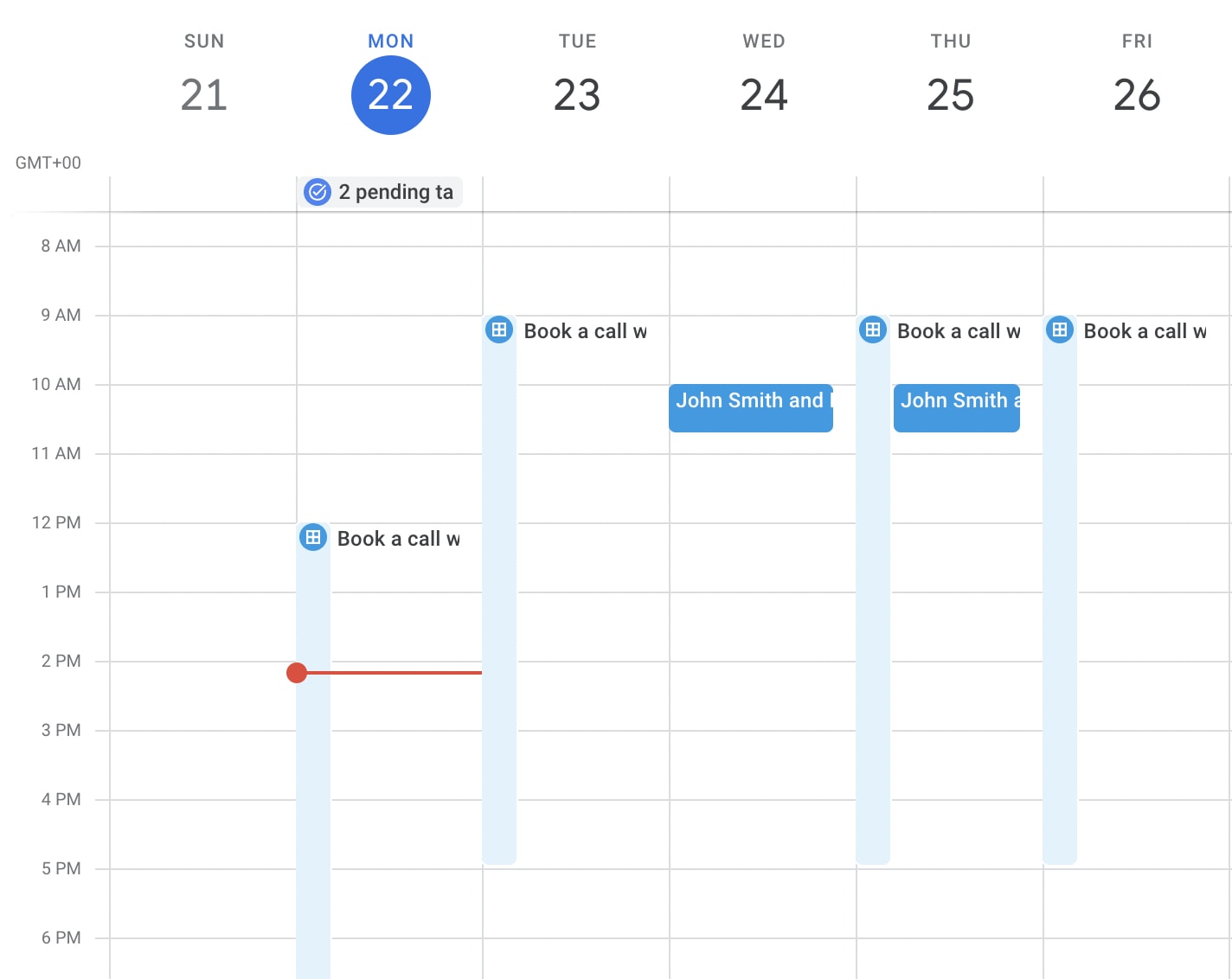 Week view of Google Calendar which shows all scheduled meetings and the user's remaining availability. 