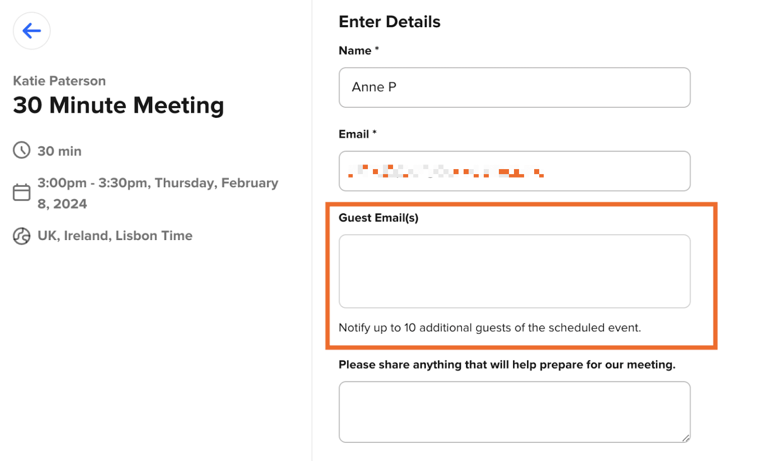 Calendly booking page with a field to enter additional guest emails highlighted. 