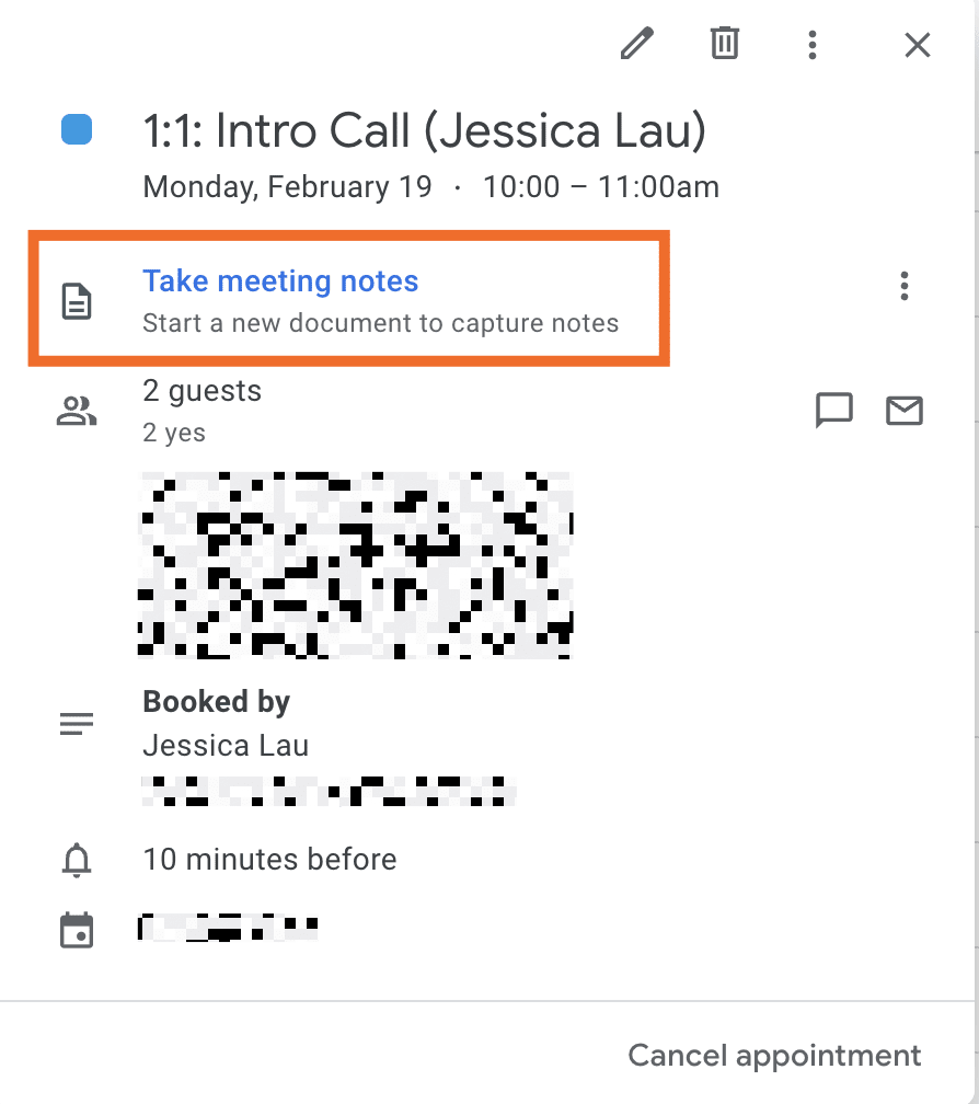 Google Calendar event invite with a link to take meeting notes in Google Docs highlighted.