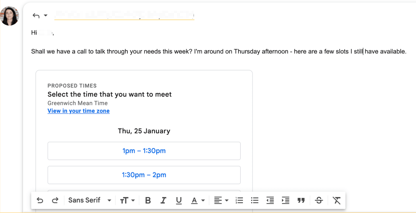 Gmail email with an embedded list of proposed meeting times. 