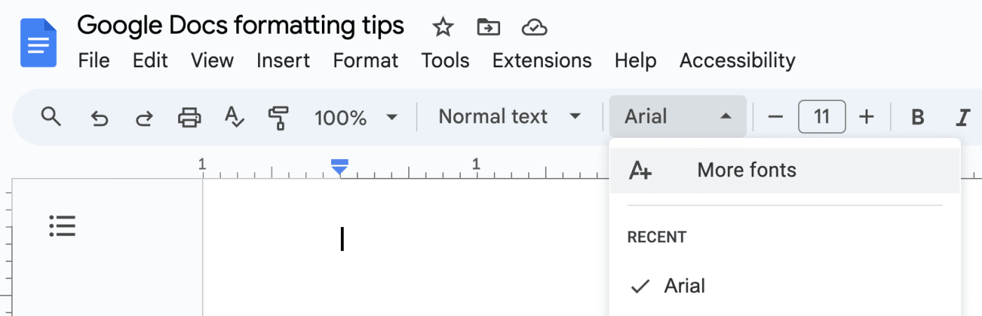 Fonts dropdown in Google Docs with more fonts selected.