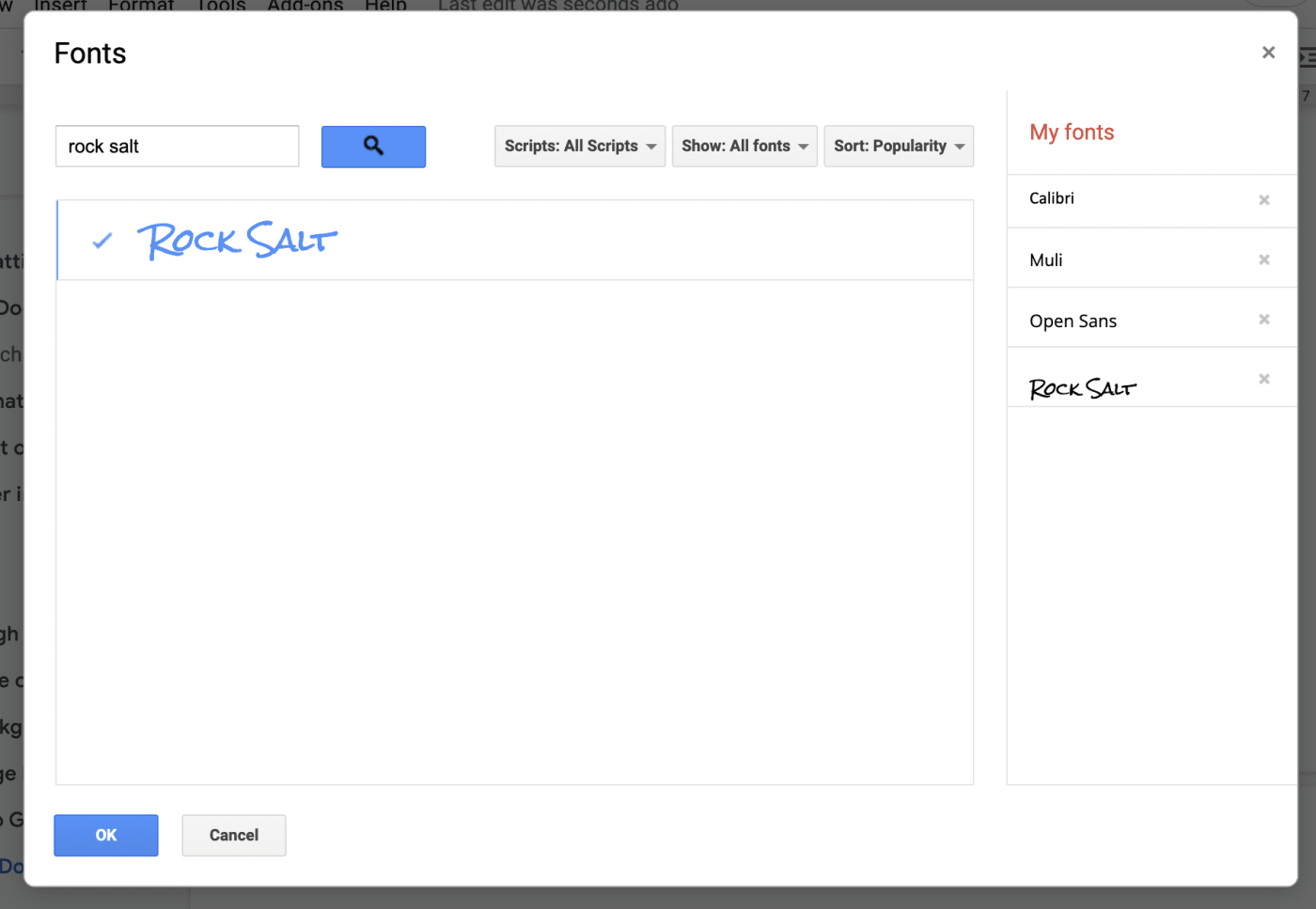 How to find and add fonts to Google Docs using the more fonts popup. 