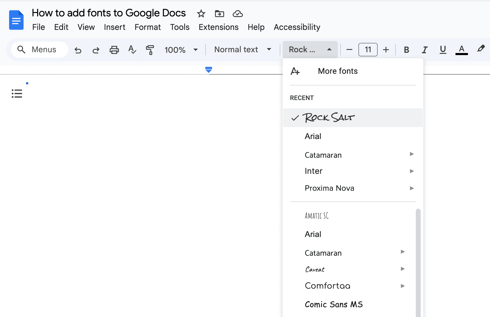 Updated fonts dropdown in Google Docs which now displays recently added fonts. 