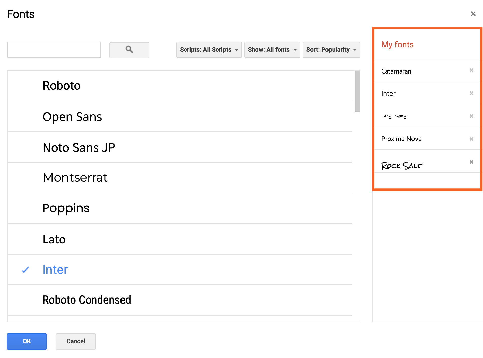 List of added fonts in the Google Docs fonts popup. 