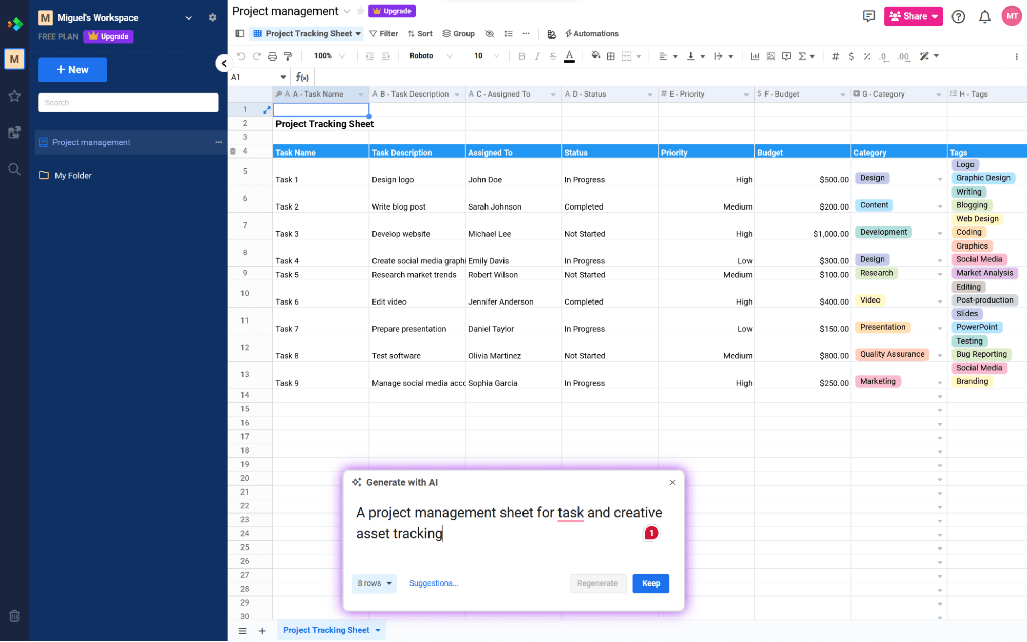 Spreadsheet.com, our pick for the best database software for leveraging AI 