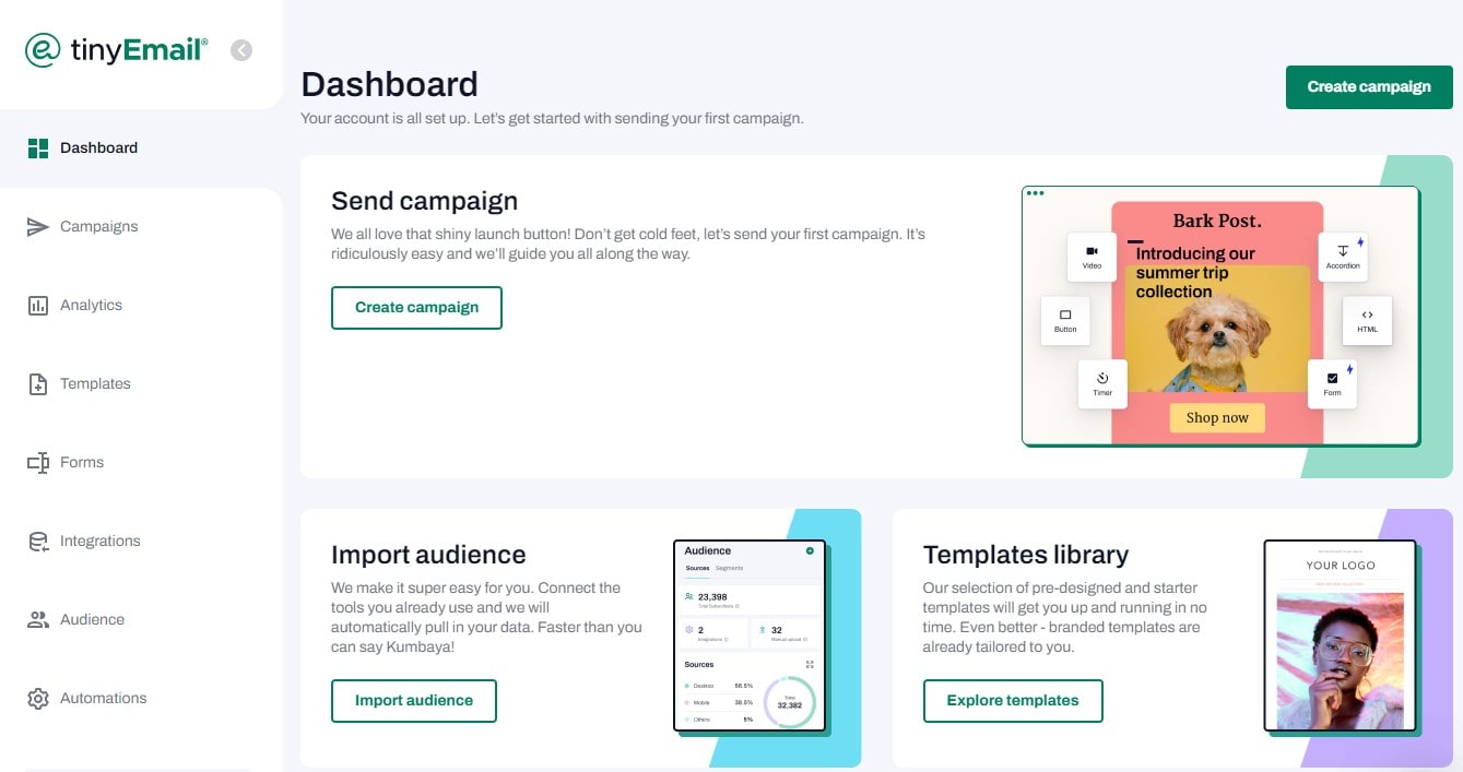 The Dashboard with a Create campaign button in tinyEmail