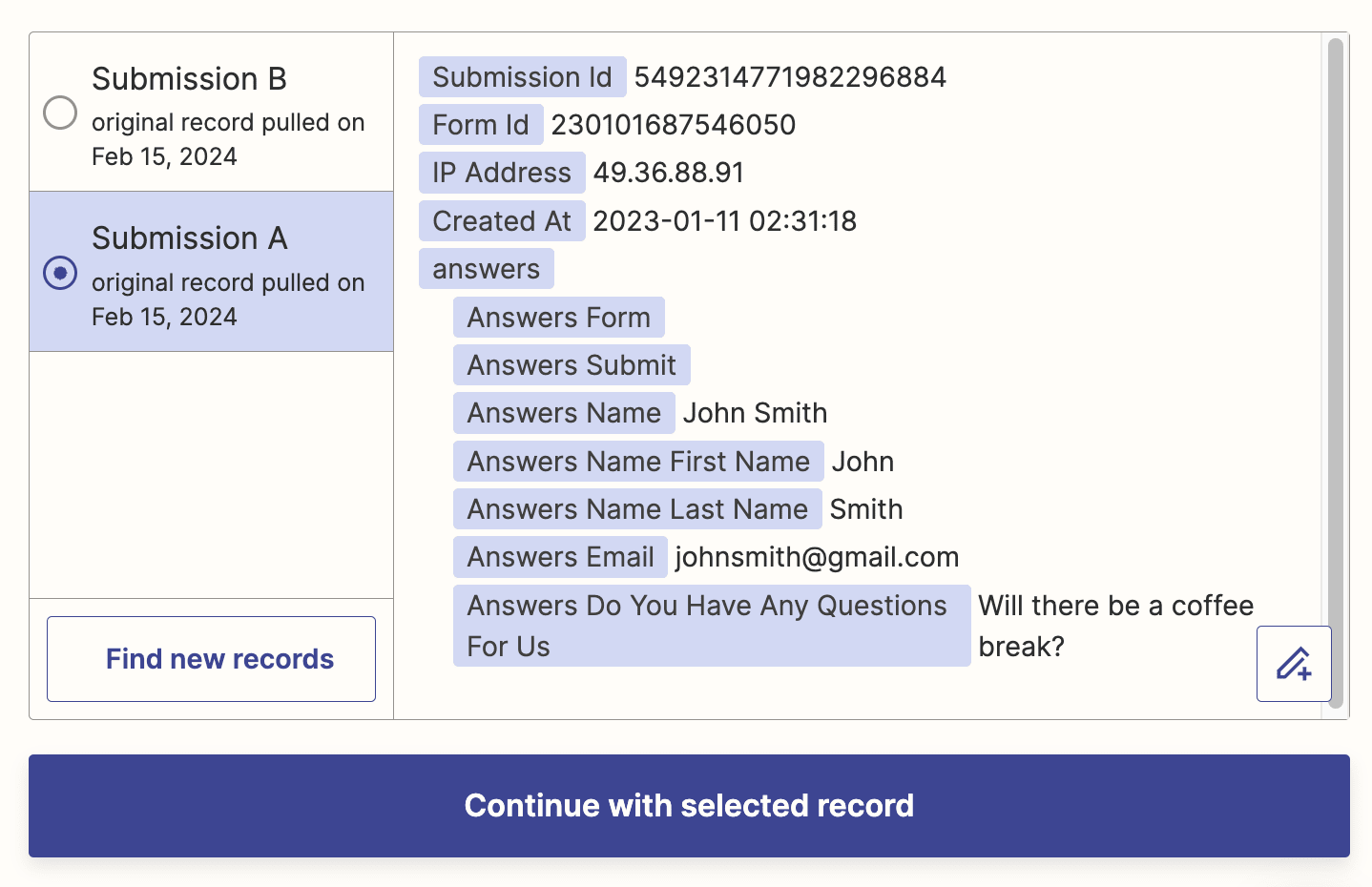 A list of sample Jotform form responses is shown, with one selected.