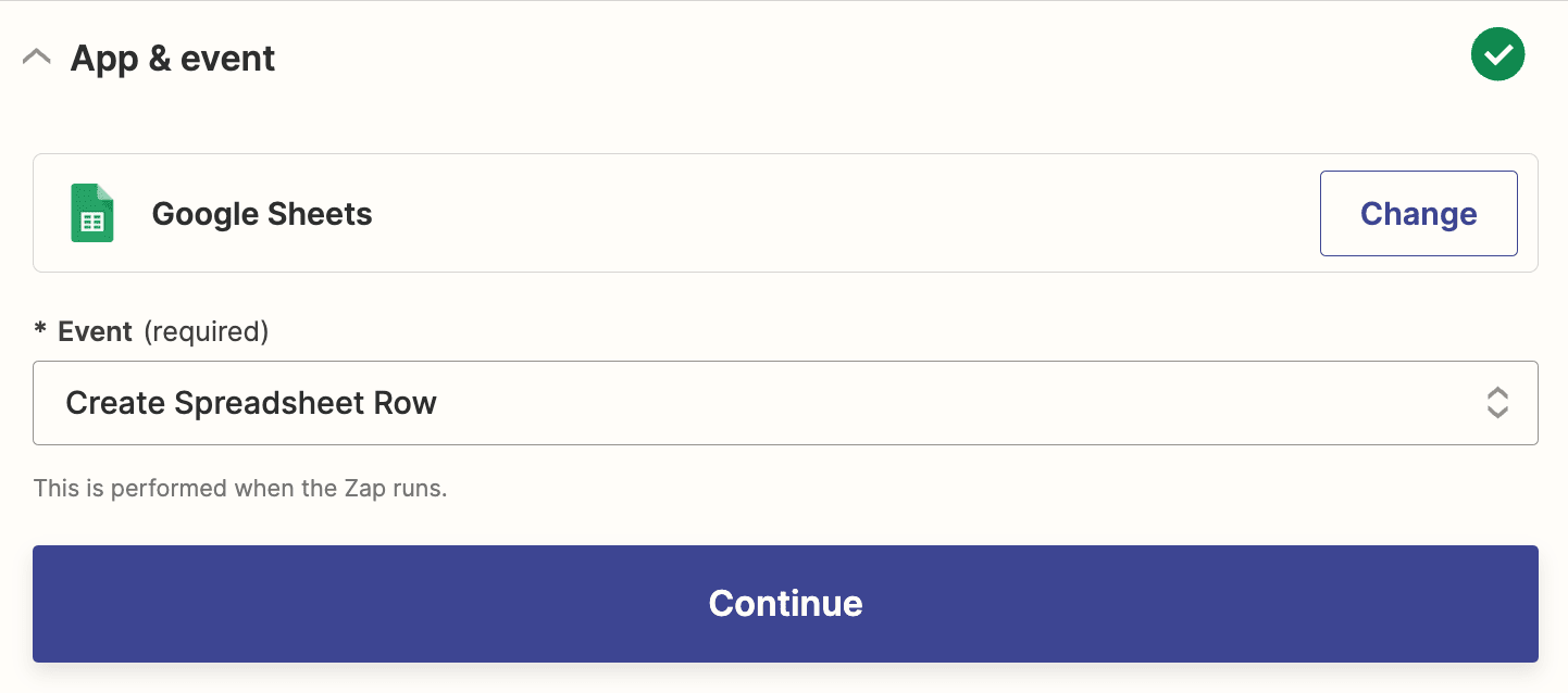 An action step in the Zap editor with Google Sheets selected for the action app and Create Spreadsheet Row selected for the action event.