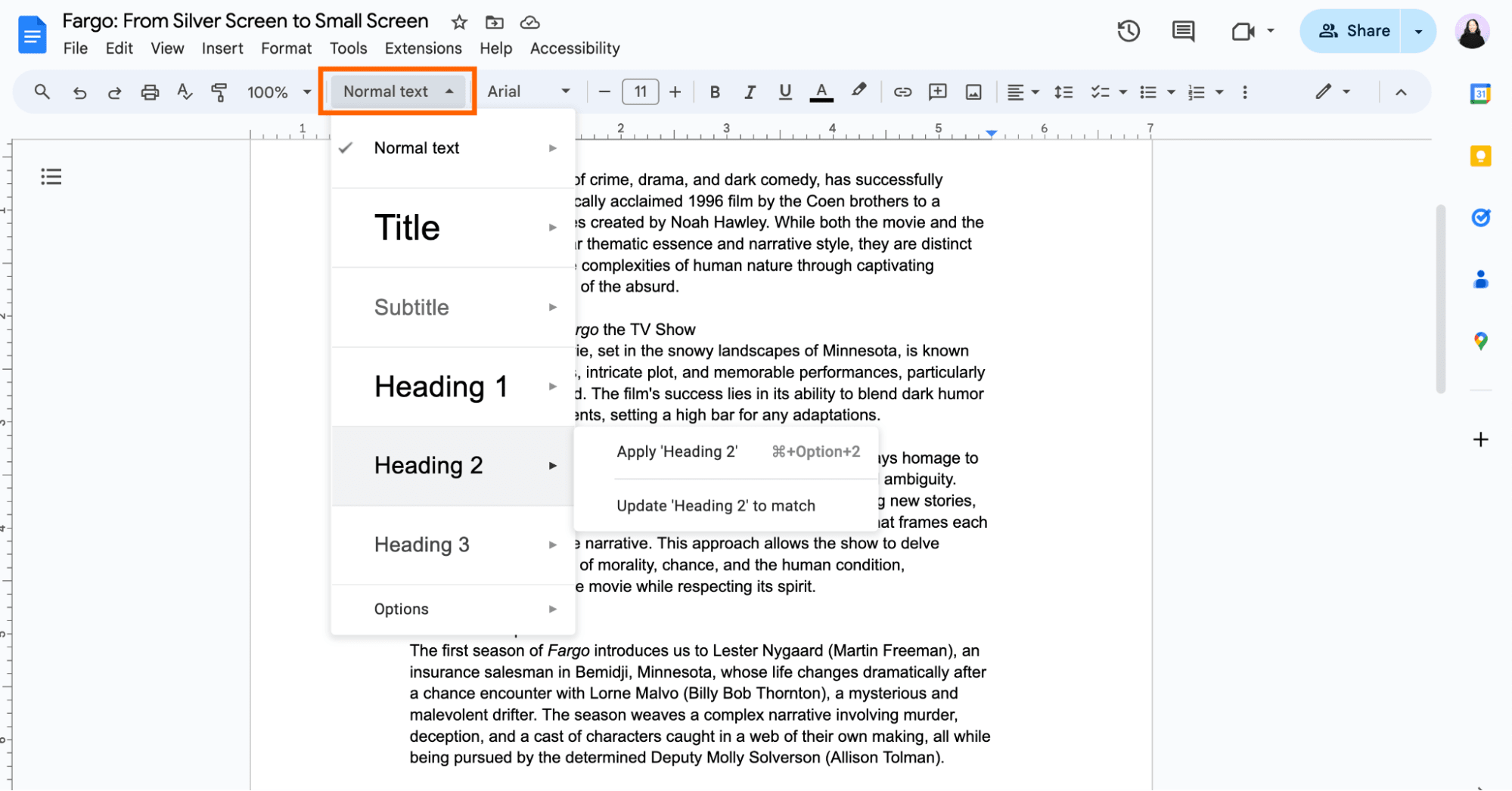 Text style dropdown in Google Docs.