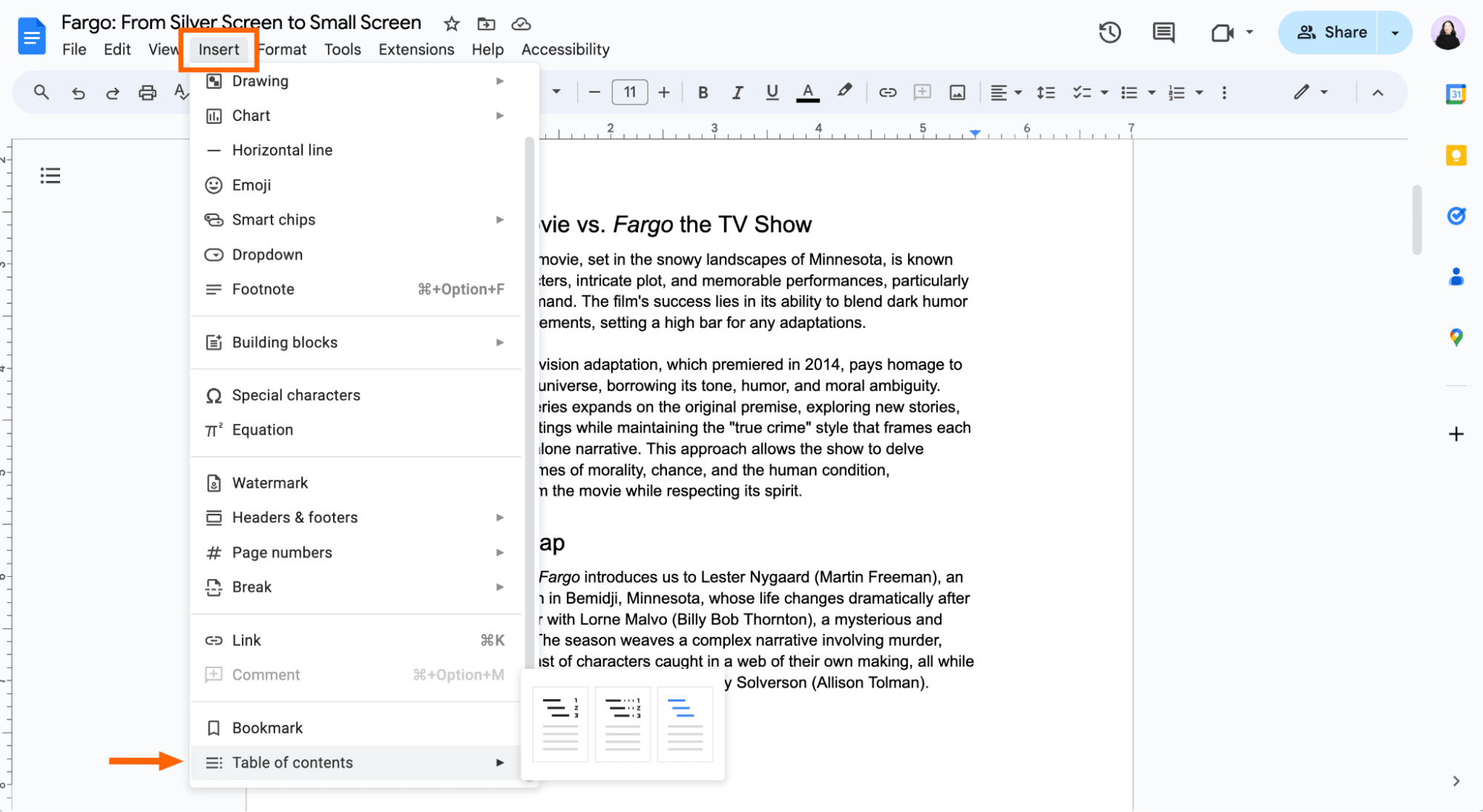 Expanded view of the insert dropdown in Google Docs with an arrow pointing to table of contents.