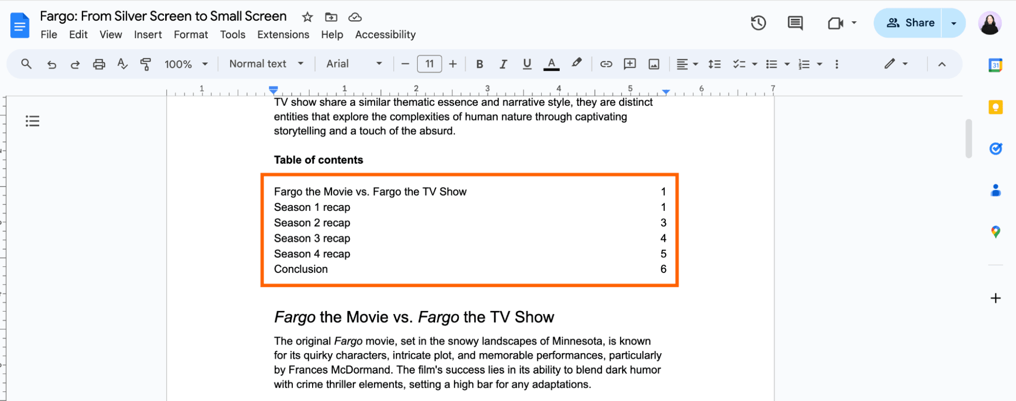 Example of a table of contents in Google Docs. 