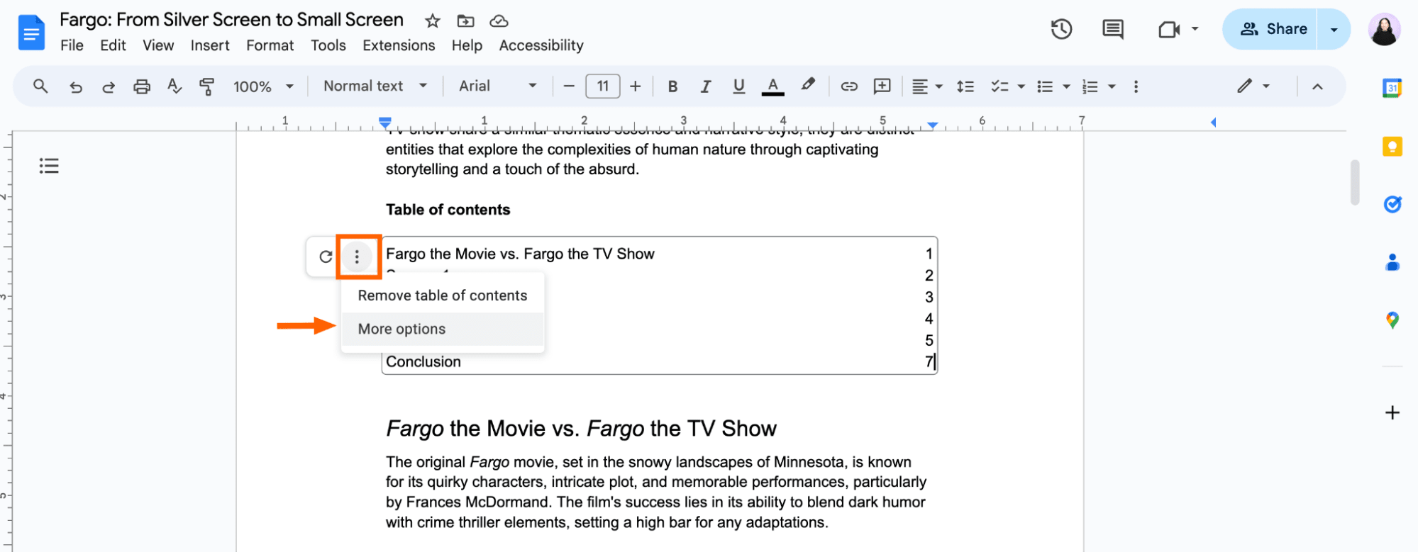 Table of contents in Google Docs with an expanded view of the more options icon. 