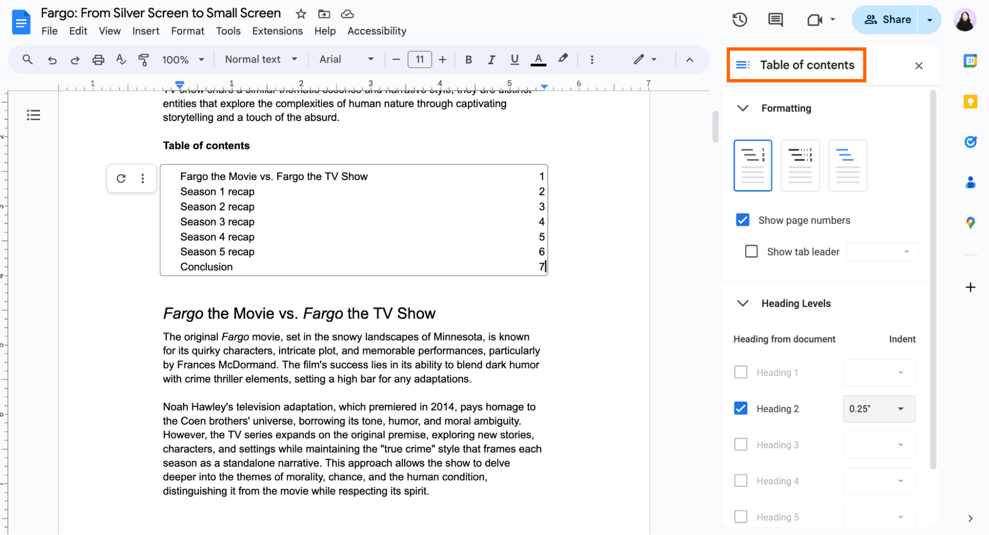 Table of contents editing panel in Google Docs. 