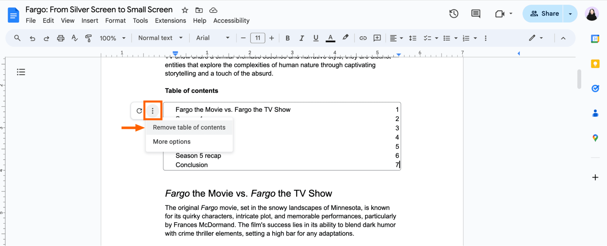 Table of contents in Google Docs with the option to remove table of contents selected. 