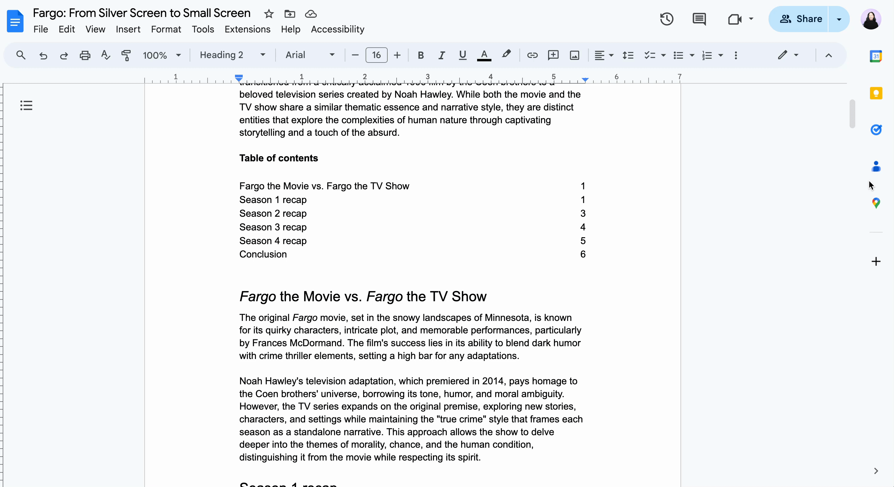 Demo of how to update a table of contents in Google Docs by clicking the table's refresh button. 