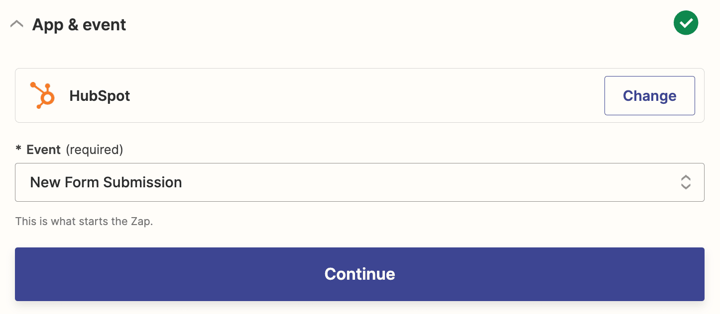 A trigger step in the Zap editor with HubSpot selected for the trigger app and New Form Submission selected for the trigger event.