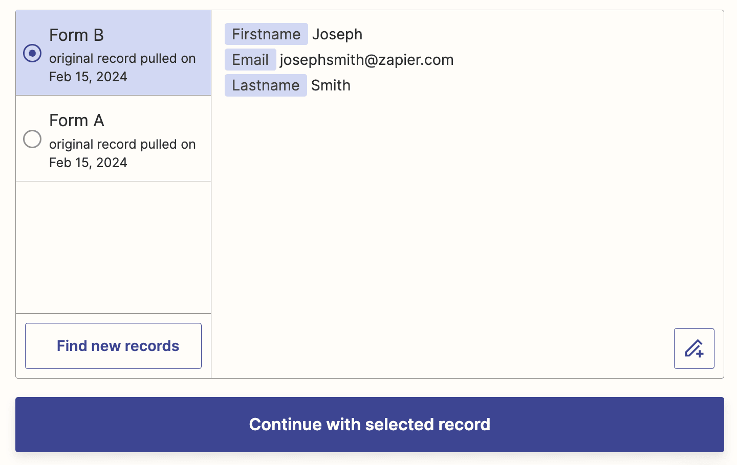 A selection of sample HubSpot form responses with one selected.