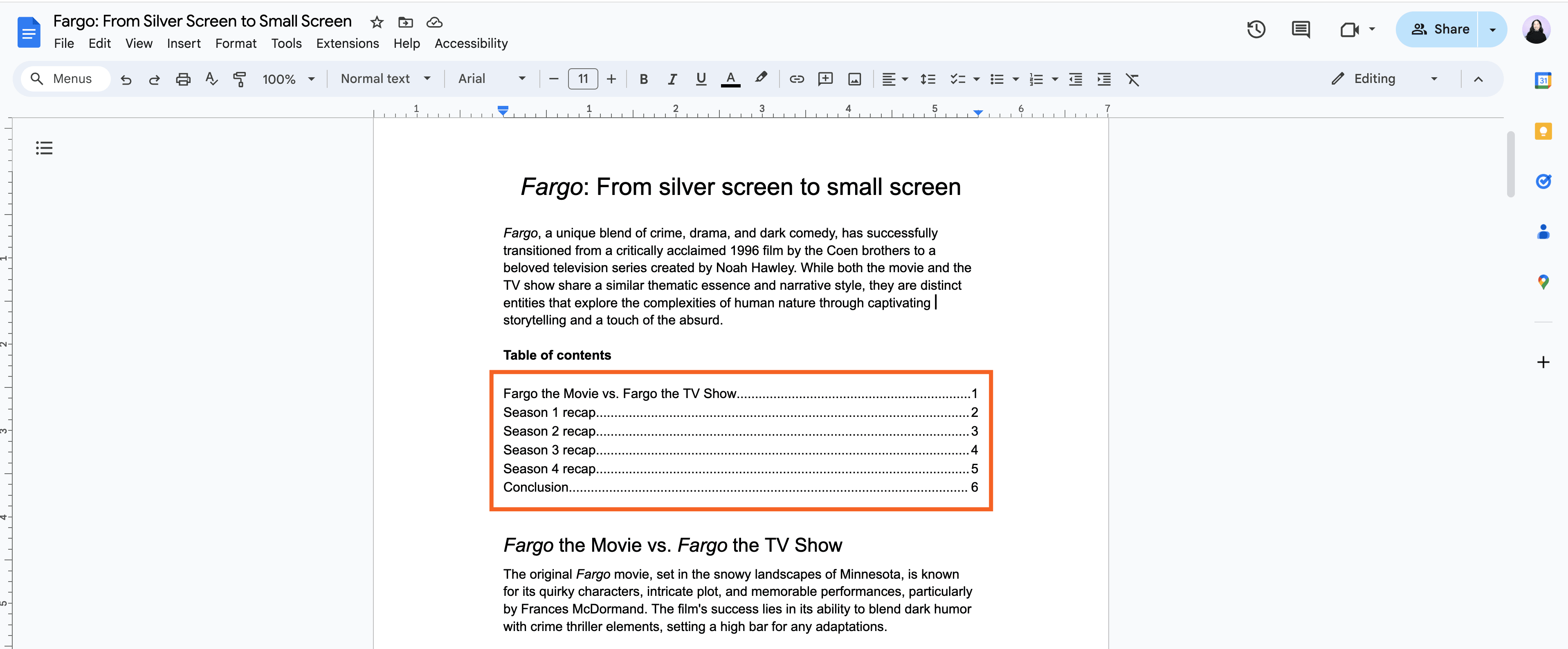 Example of a table of contents with dotted lines in Google Docs. 