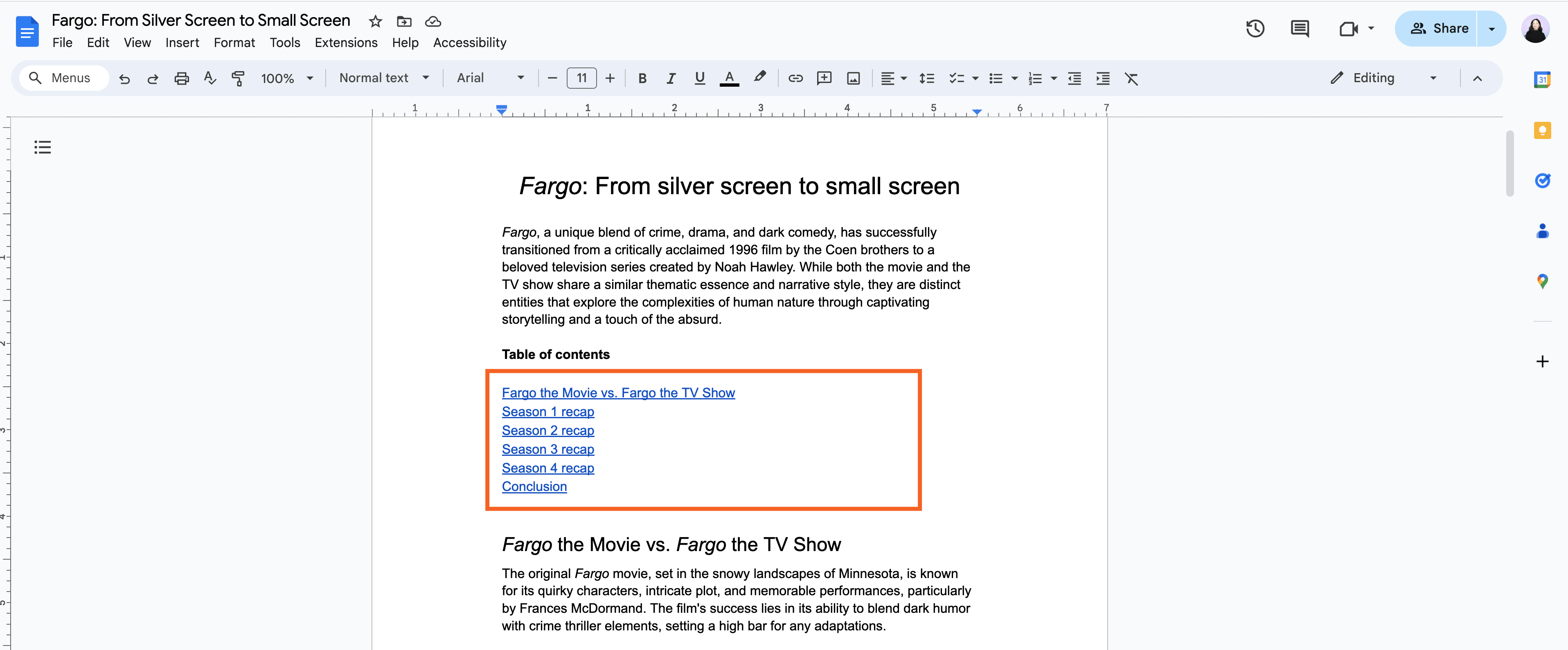 Example of a table of contents with links in Google Docs. 