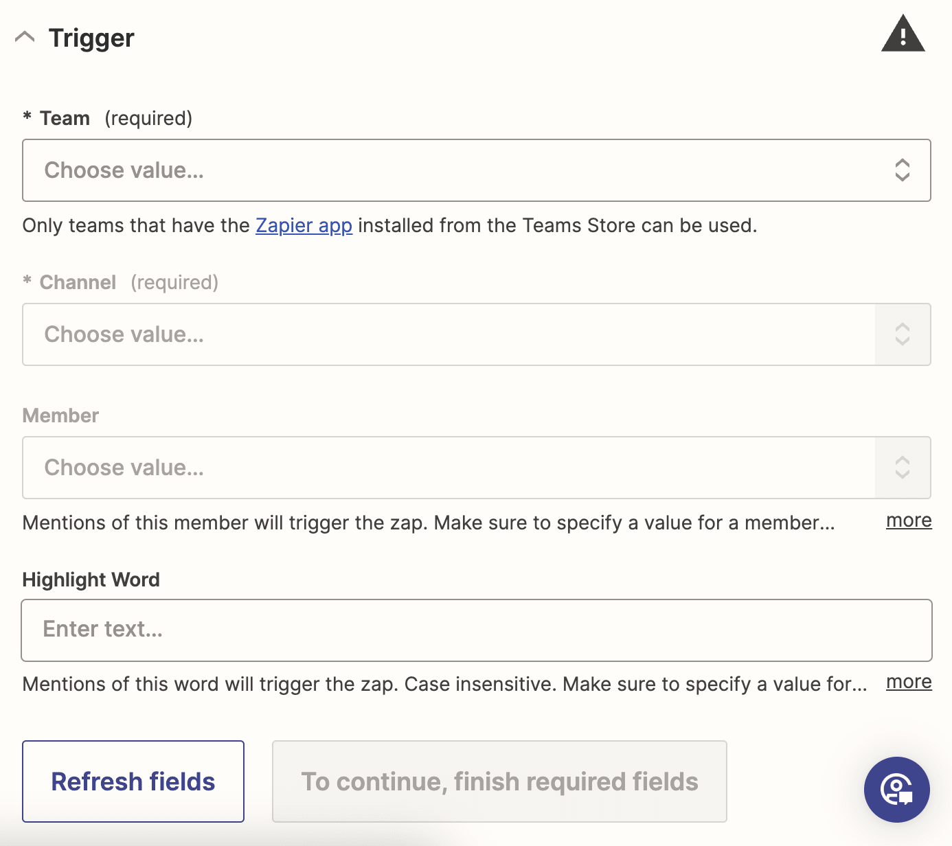 A trigger step in the Zap editor with fields to customize a Microsoft Teams step.