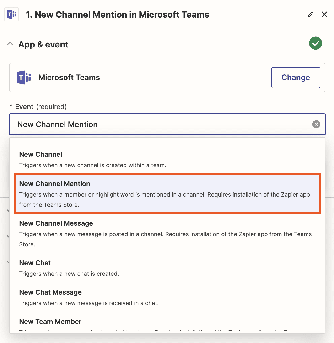 An Event dropdown in a Zap trigger step with New Channel Message highlighted with an orange square.