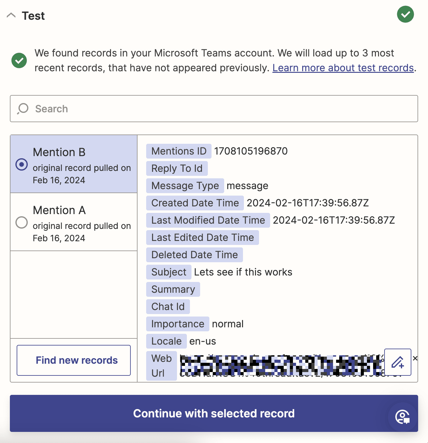 A selected test record showing a Microsoft Teams posting.