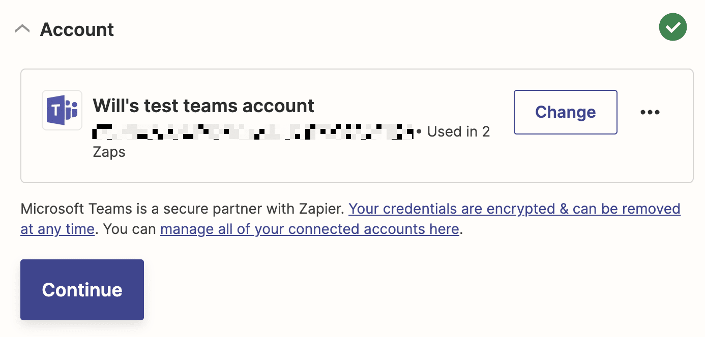 A selected Microsoft Teams account in the Zap editor.