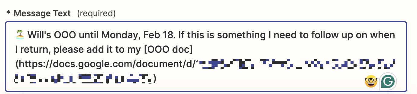 The Message Text field in a Microsoft Teams Zap that shows an out of office message.