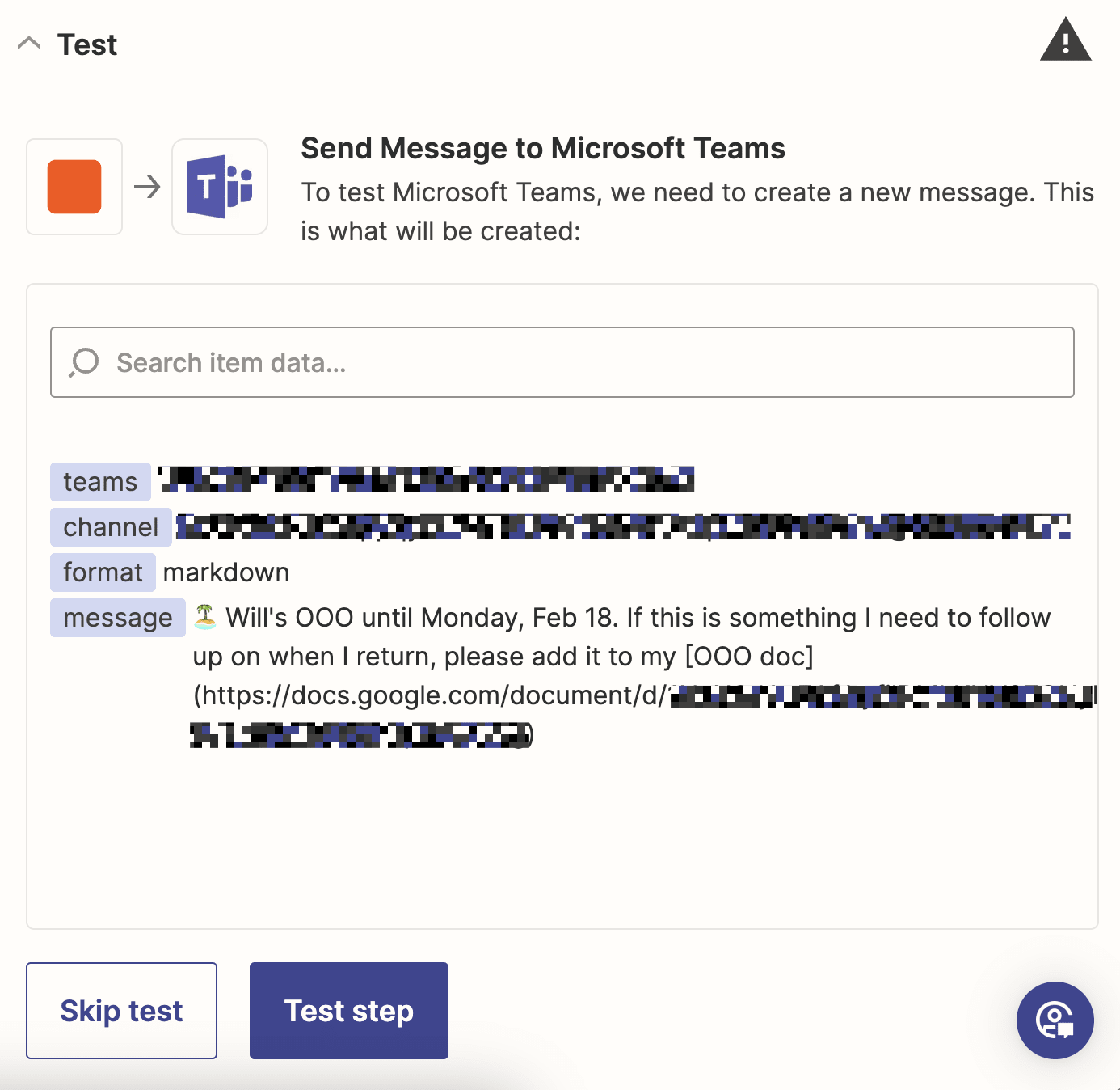 A test in the Zap editor that shows a successful Microsoft Teams message.
