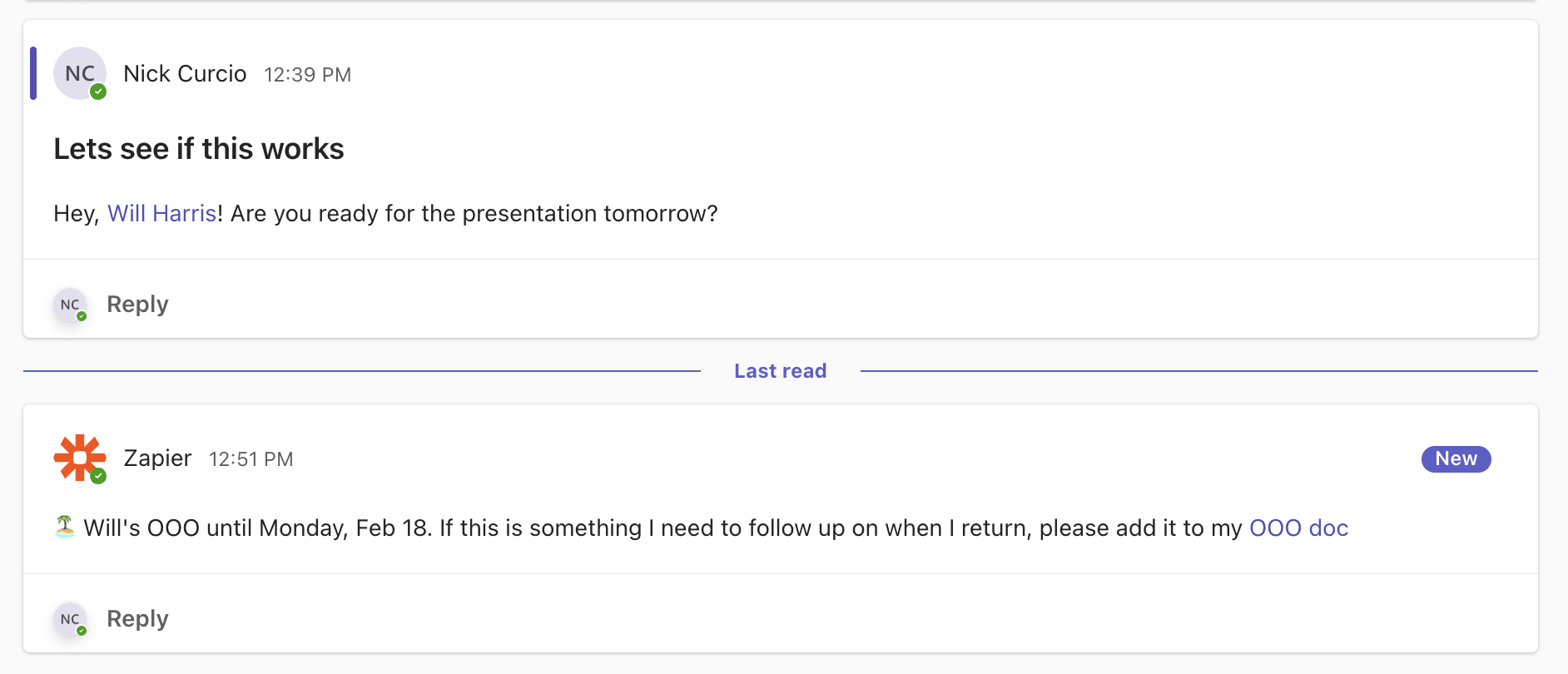 An out of office message in Microsoft Teams.