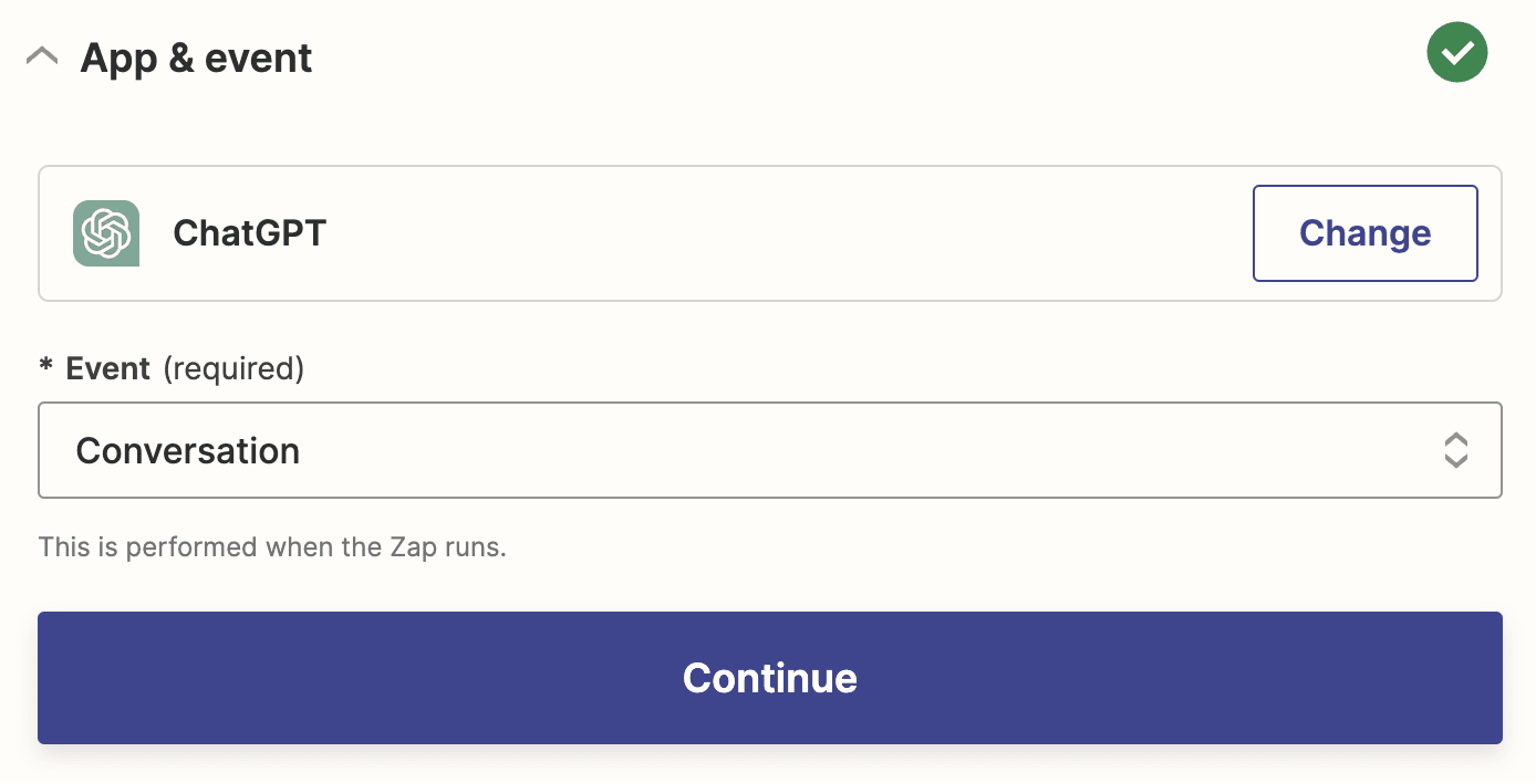 A trigger step in the Zap editor with ChatGPT selected for the trigger app and Conversation selected for the trigger event.